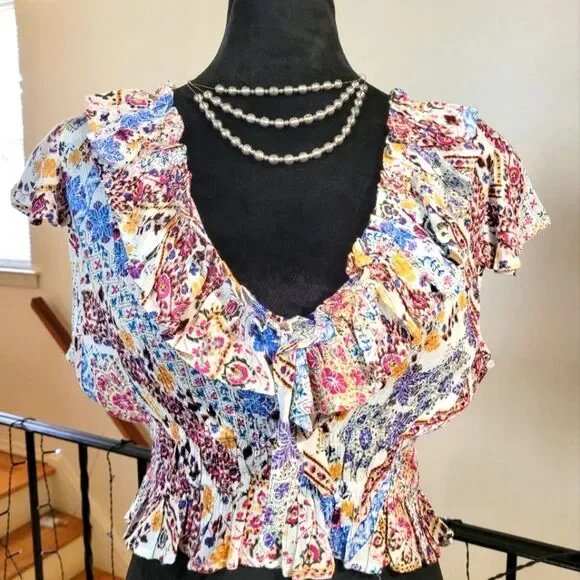 Nwt RAGA Multicolor Short Sleeve Ruffle Top Size Medium - Picture 6 of 16